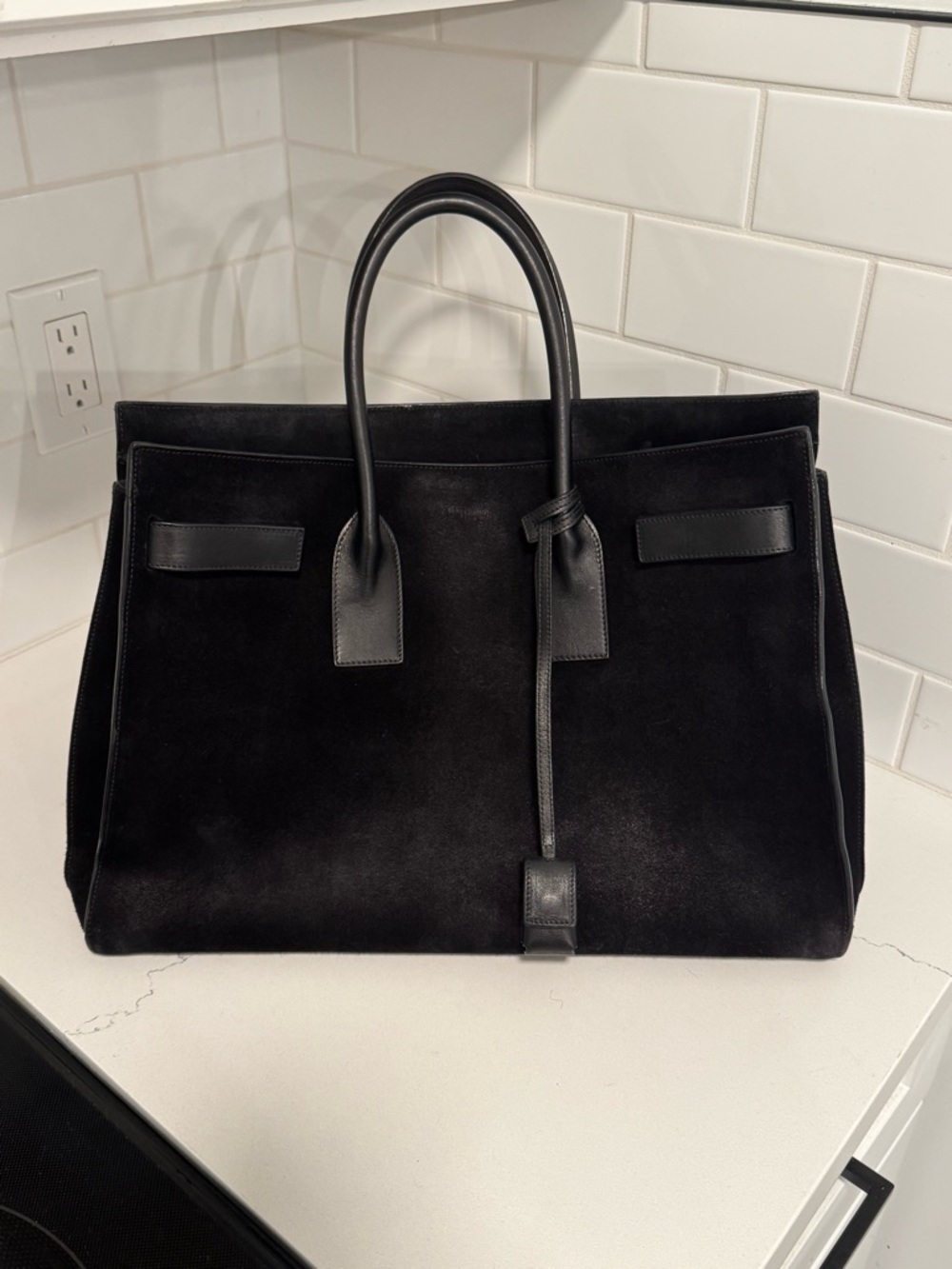 Saint Laurent Large Sac de Jour Black Suede Tote w/ Lock & Key 2013 Hedi Era